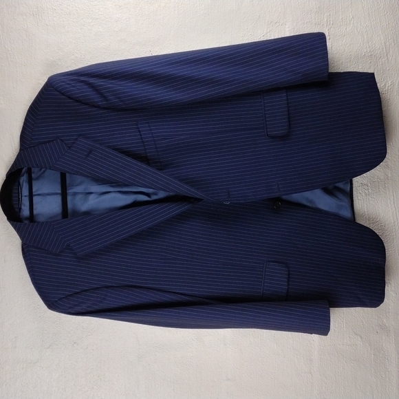 Coppley Navy Blue Pinstripe Wool One Notched Single-Breasted Classic Suit Jacket - Picture 4 of 14